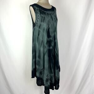 Black & Gray Boho Embroidery Flowy Sleeveless Tye Dye Midi Dress M